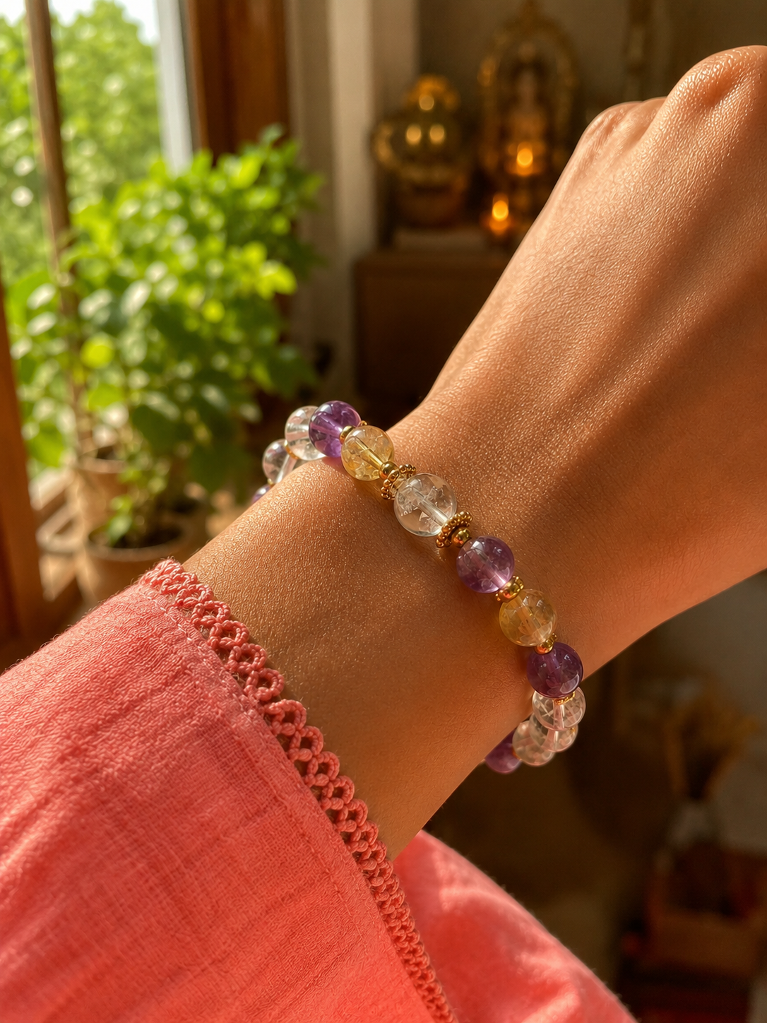 Meera outdoors wearing her Pancha Healing bracelet